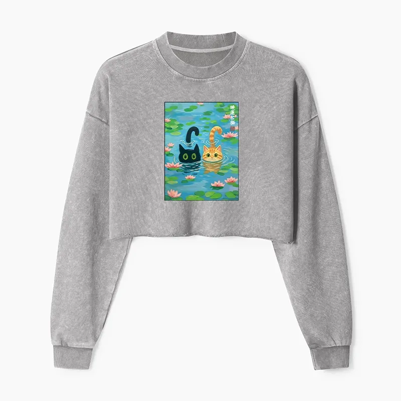 Tokyo-Tiger Cats In The Lotus Pond Washed Crop Sweatshirt Sale