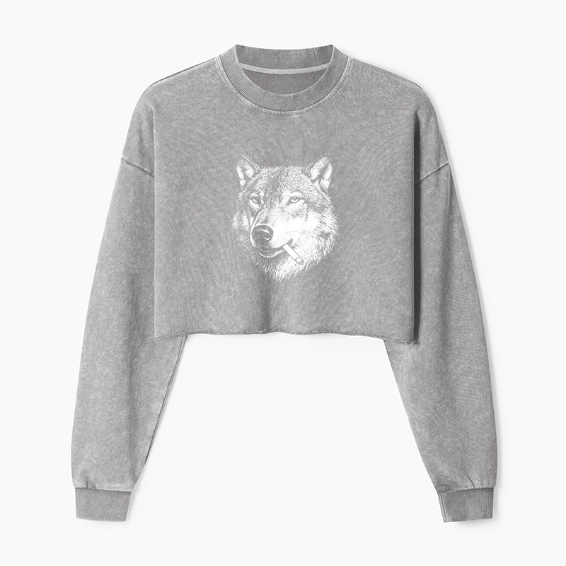 Tokyo-Tiger Cool Wolf Meme Bad Decisions Pending Washed Crop Sweatshirt