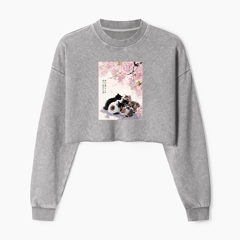 Tokyo-Tiger Cute Cats Sakura Garden Washed Crop Sweatshirt