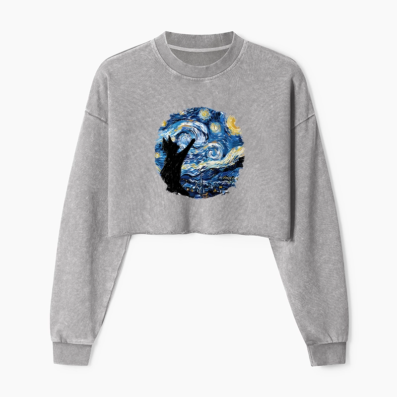 Tokyo-Tiger Starry Night Black Cat Washed Crop Sweatshirt