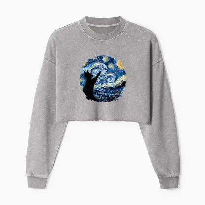 Tokyo-Tiger Starry Night Black Cat Washed Crop Sweatshirt