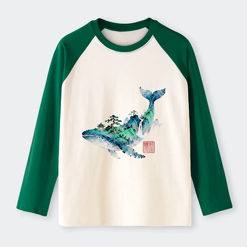 Tokyo-Tiger Whale Ink Painting Landscape Raglan Long Sleeve T-shirt