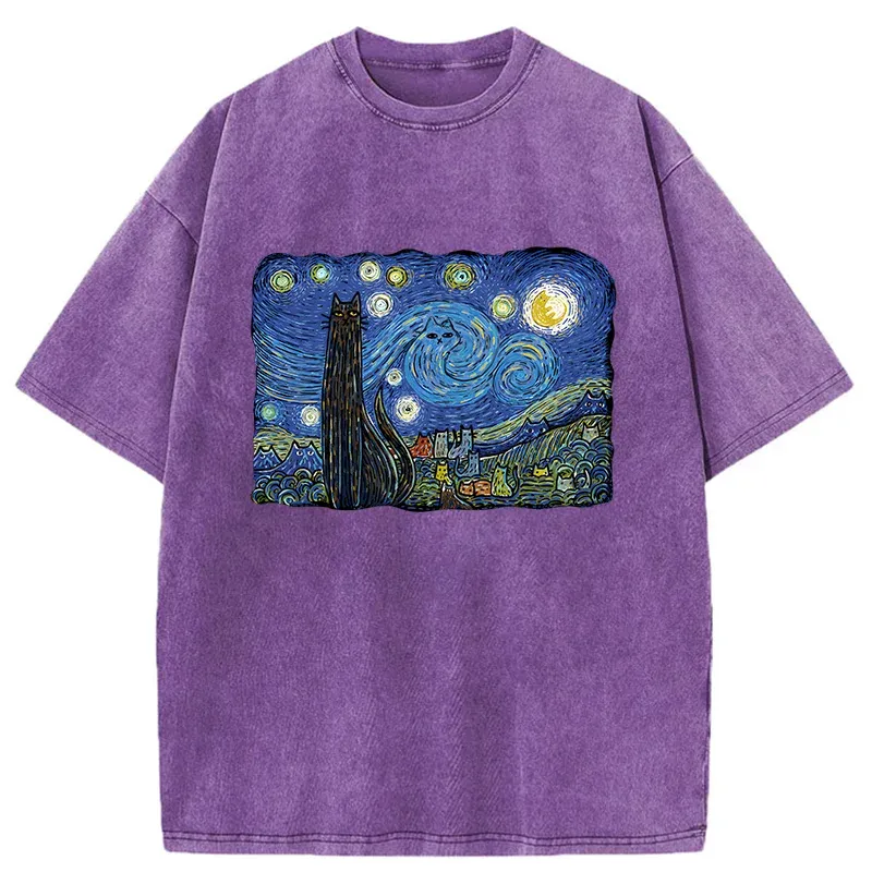 Tokyo-Tiger Cat Under The Starry Night Washed T-Shirt