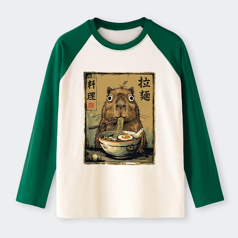 Tokyo-Tiger Cute Capybara Eating Ramen Raglan Long Sleeve T-shirt