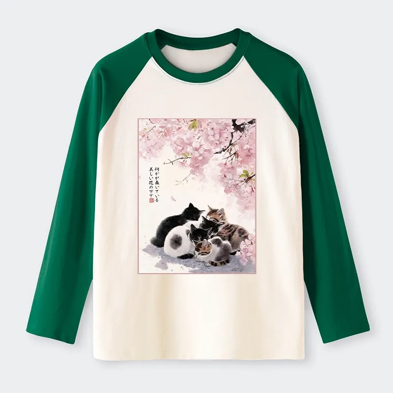 Tokyo-Tiger Cute Cats Sakura Garden Raglan Long Sleeve T-shirt