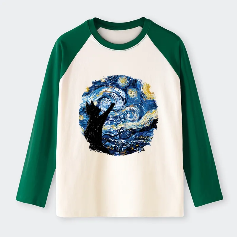 Tokyo-Tiger Starry Night Black Cat Raglan Long Sleeve T-shirt