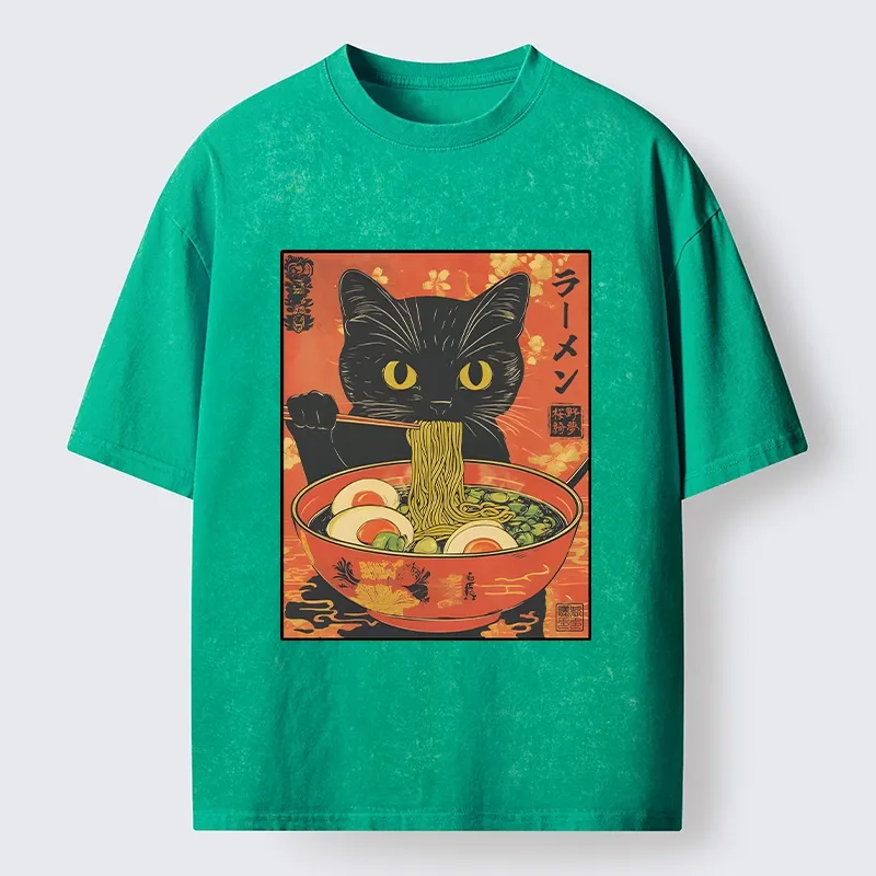 Tokyo-Tiger Hungry Black Cat Loves Ramen Washed T-Shirt