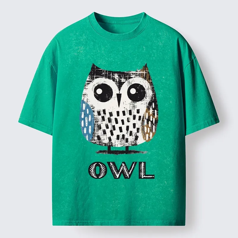 Tokyo-Tiger Minimalist Owl Illustration Print Washed T-Shirt