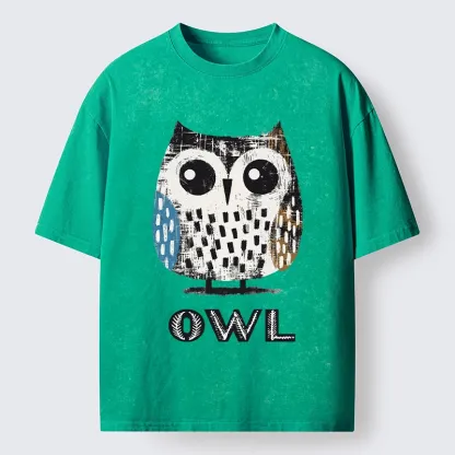 Tokyo-Tiger Minimalist Owl Illustration Print Washed T-Shirt