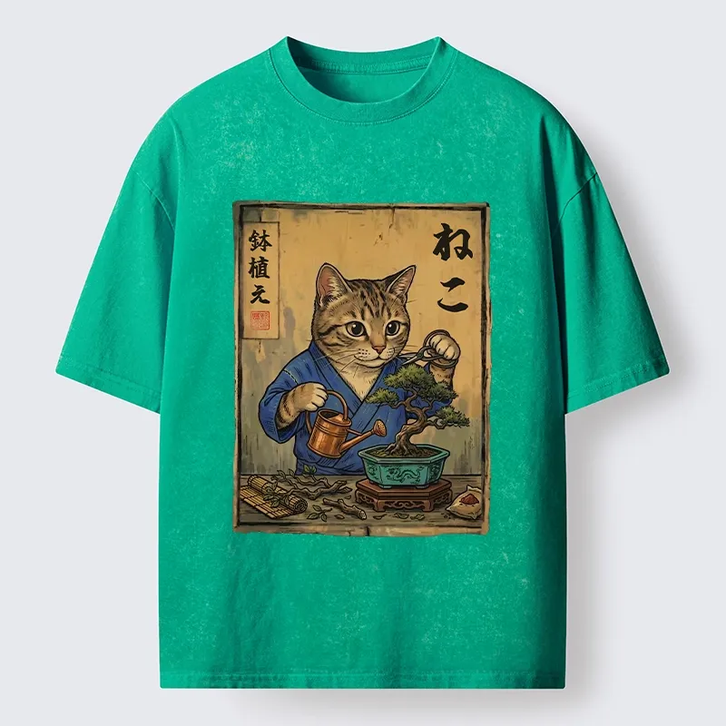 Tokyo-Tiger Cat Mastering Bonsai Art Washed T-Shirt
