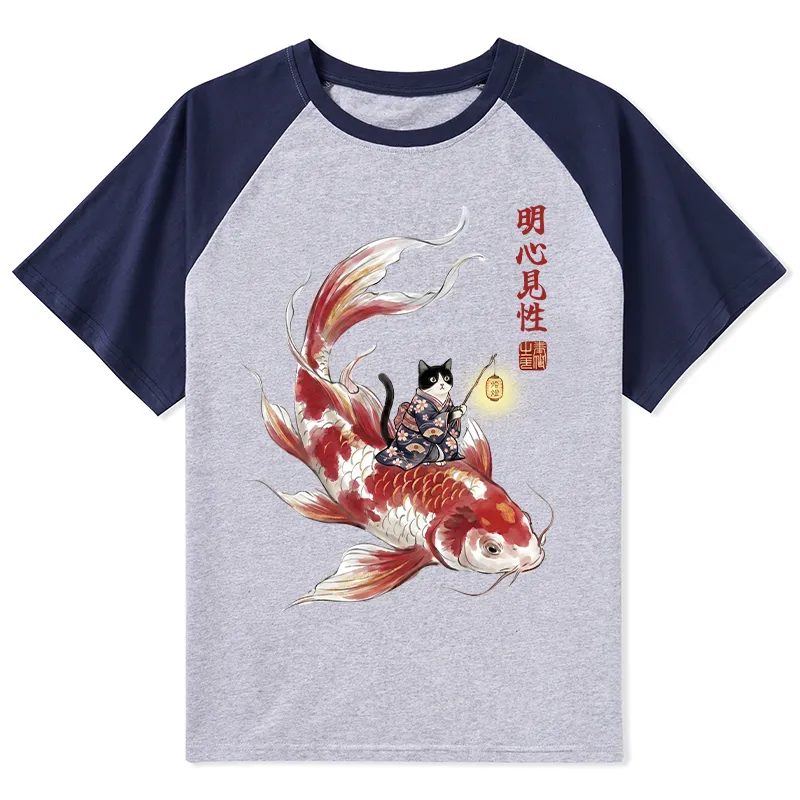 Tokyo-Tiger Cute Kimono Cat On Koi Fish Raglan T-shirt