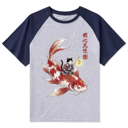 Tokyo-Tiger Cute Kimono Cat On Koi Fish Raglan T-shirt