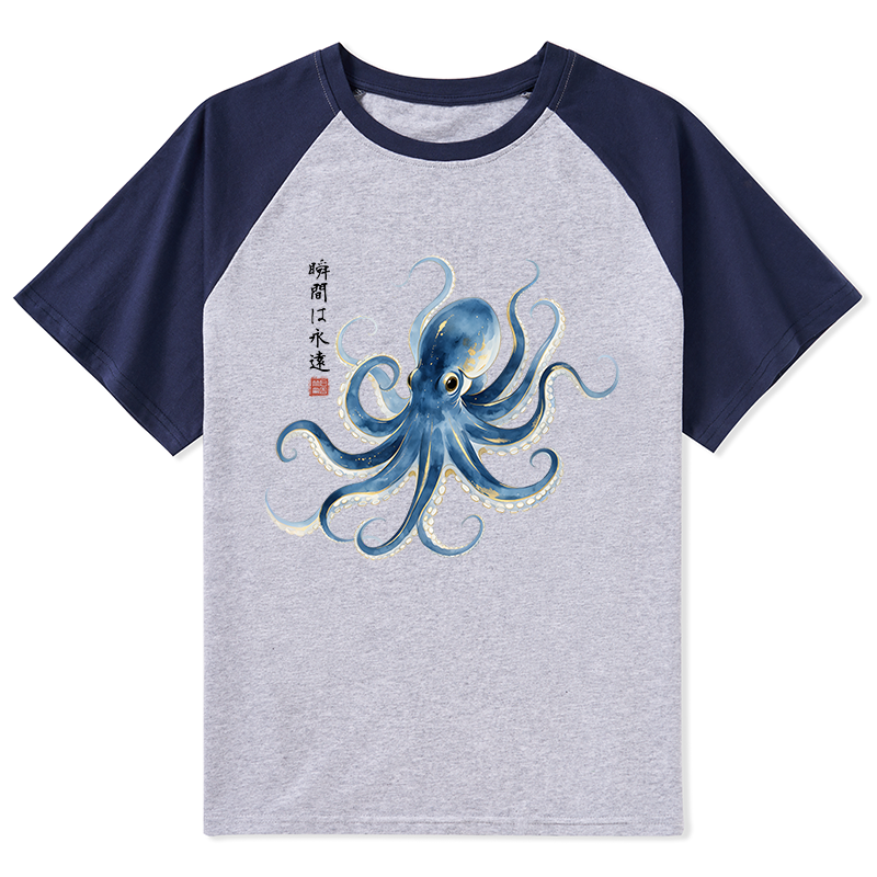 Tokyo-Tiger Stylish Blue Octopus Japanese Raglan T-shirt
