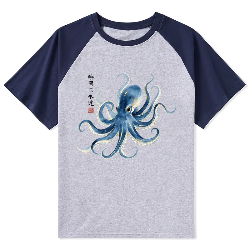 Tokyo-Tiger Stylish Blue Octopus Japanese Raglan T-shirt