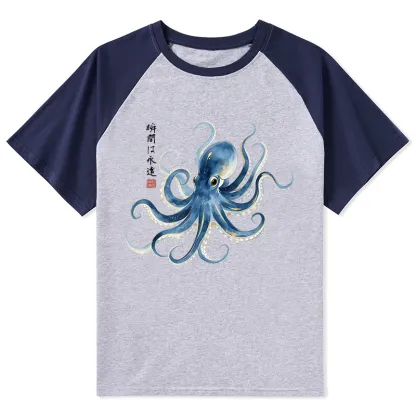 Tokyo-Tiger Stylish Blue Octopus Japanese Raglan T-shirt