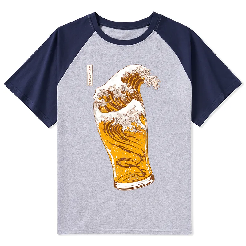 Tokyo-Tiger Great Beer Wave Print Raglan T-shirt