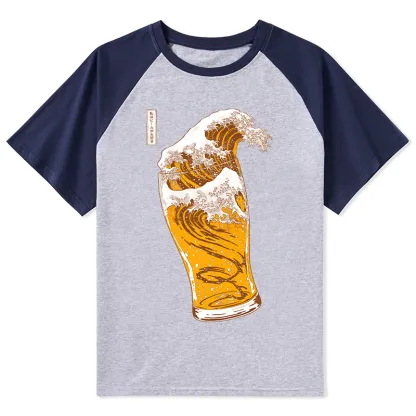 Tokyo-Tiger Great Beer Wave Print Raglan T-shirt