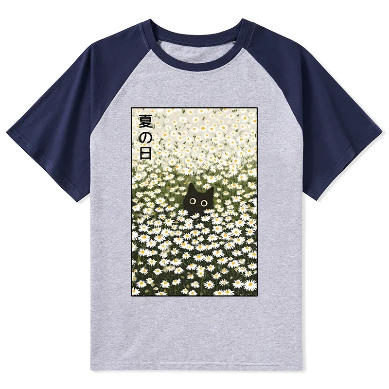 Tokyo-Tiger Summer Day Daisies Black Cat Raglan T-shirt