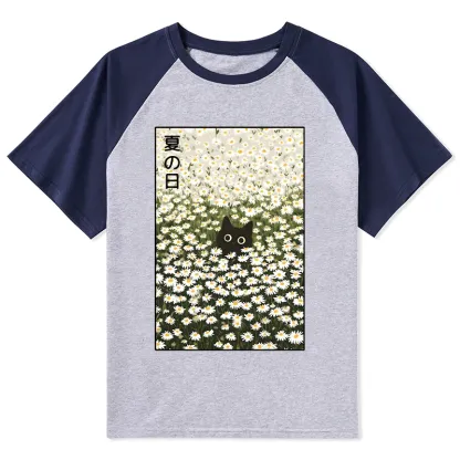 Tokyo-Tiger Summer Day Daisies Black Cat Raglan T-shirt