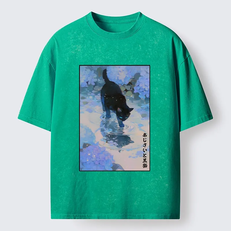 Tokyo-Tiger Midnight Cat In The Blue Rain Washed T-Shirt