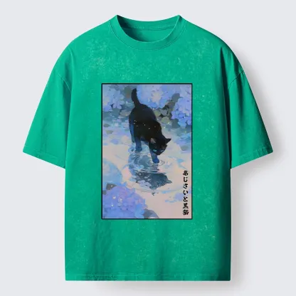 Tokyo-Tiger Midnight Cat In The Blue Rain Washed T-Shirt