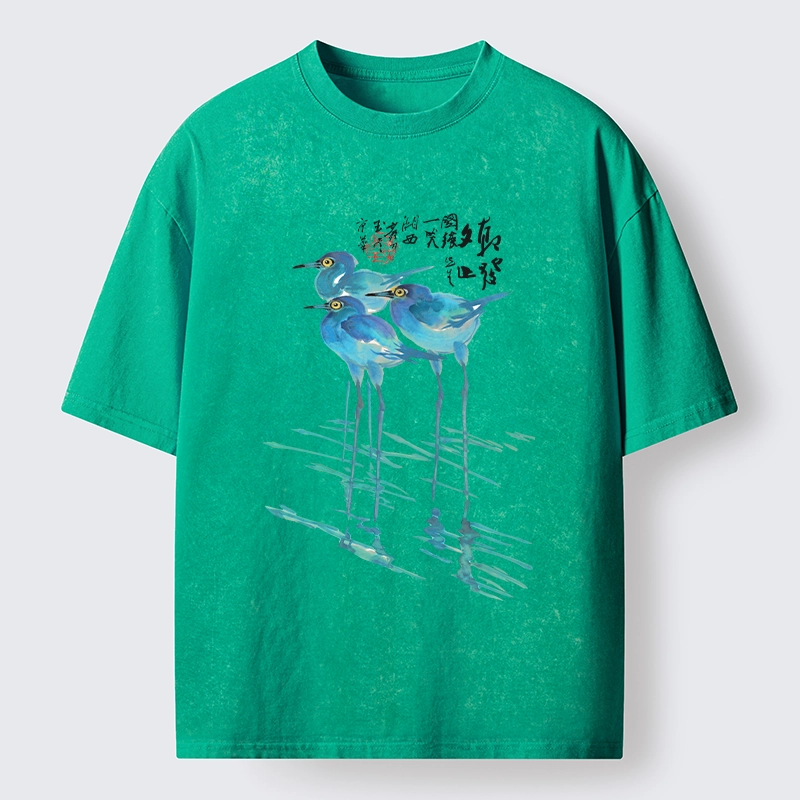 Tokyo-Tiger Watercolor Herons In Reeds Washed T-Shirt