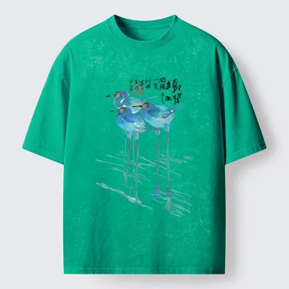 Tokyo-Tiger Watercolor Herons In Reeds Washed T-Shirt