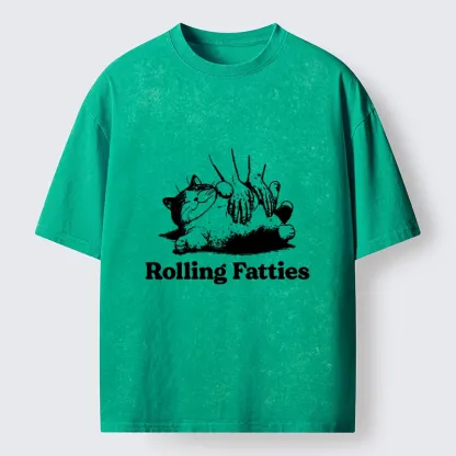 Tokyo-Tiger Rolling Fatties Cat Massage Meme Washed T-Shirt