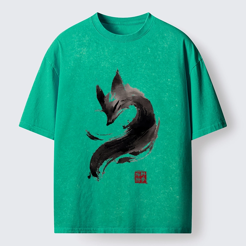 Tokyo-Tiger Japanese Ink Wash Fox Art Washed T-Shirt