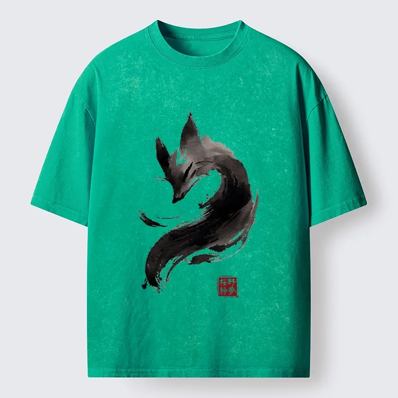 Tokyo-Tiger Japanese Ink Wash Fox Art Washed T-Shirt