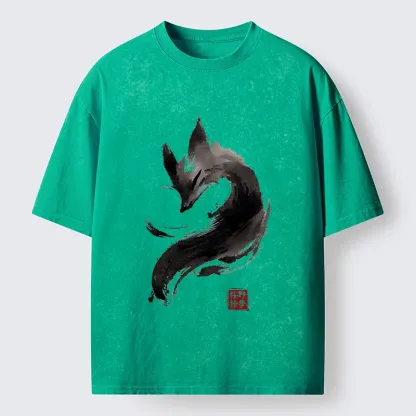 Tokyo-Tiger Japanese Ink Wash Fox Art Washed T-Shirt