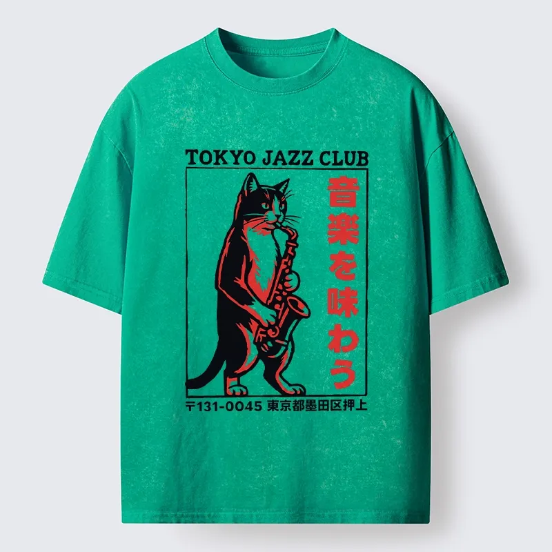 Tokyo-Tiger Retro Jazz Cat Poster Washed T-Shirt