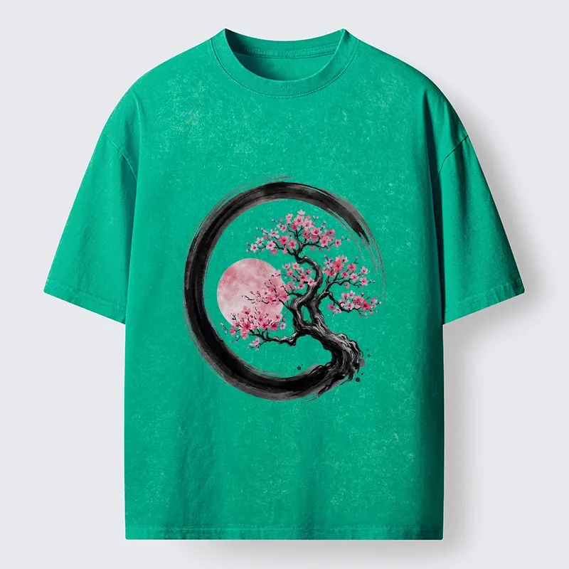 Tokyo-Tiger Zen Sakura Tree With Pink Moon Washed T-Shirt