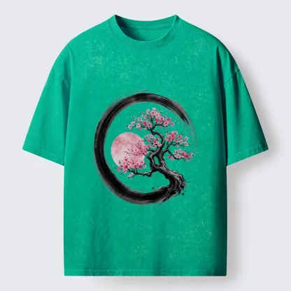 Tokyo-Tiger Zen Sakura Tree With Pink Moon Washed T-Shirt