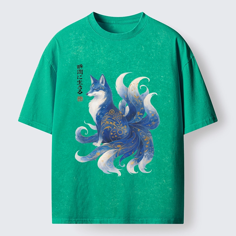 Tokyo-Tiger Serene Fox In Japanese Ink Style Washed T-Shirt
