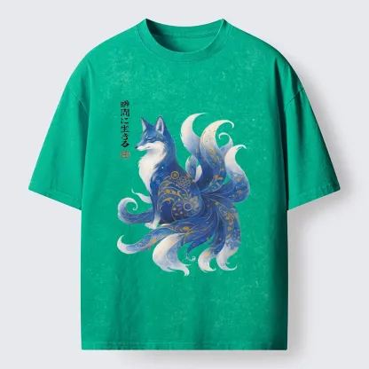 Tokyo-Tiger Serene Fox In Japanese Ink Style Washed T-Shirt