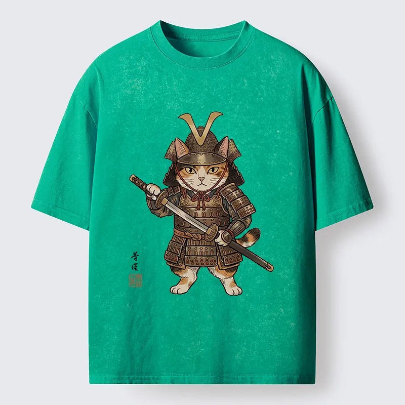 Tokyo-Tiger Samurai Cat With Katana Sword Washed T-Shirt