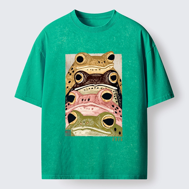Tokyo-Tiger Whimsical Multi Colored Frog Art Washed T-Shirt