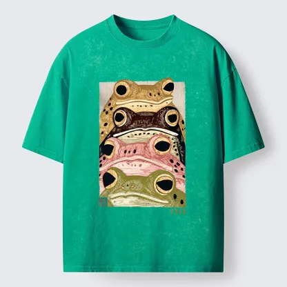 Tokyo-Tiger Whimsical Multi Colored Frog Art Washed T-Shirt