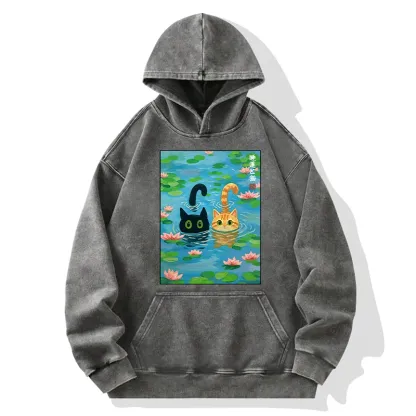 Tokyo-Tiger Cats In The Lotus Pond Washed Hoodie