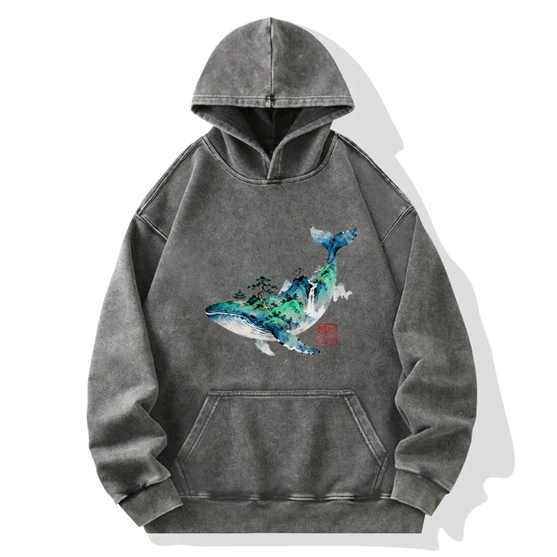 Tokyo-Tiger Whale Ink Painting Landscape Washed Hoodie