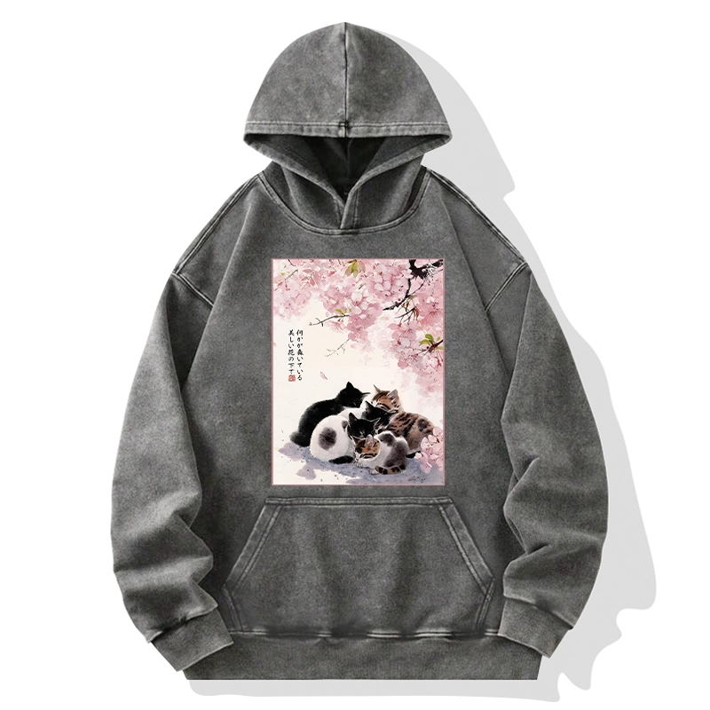 Tokyo-Tiger Cute Cats Sakura Garden Washed Hoodie