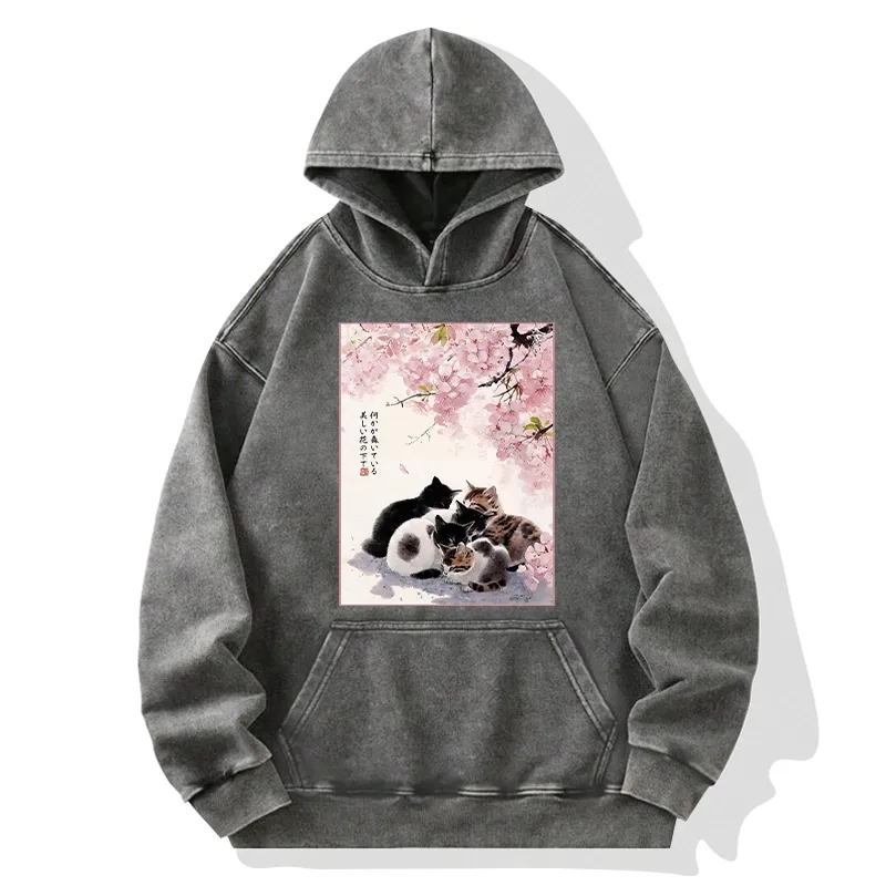 Tokyo-Tiger Cute Cats Sakura Garden Washed Hoodie