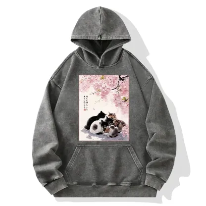 Tokyo-Tiger Cute Cats Sakura Garden Washed Hoodie