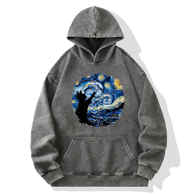 Tokyo-Tiger Starry Night Black Cat Washed Hoodie