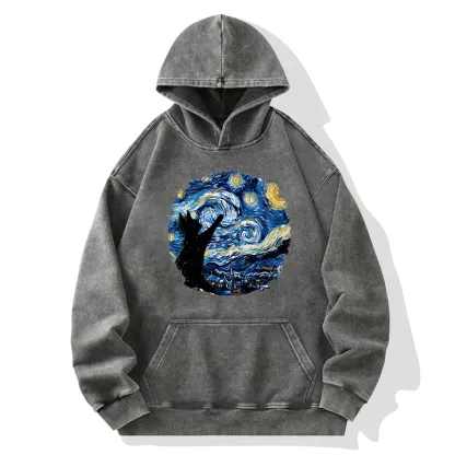 Tokyo-Tiger Starry Night Black Cat Washed Hoodie