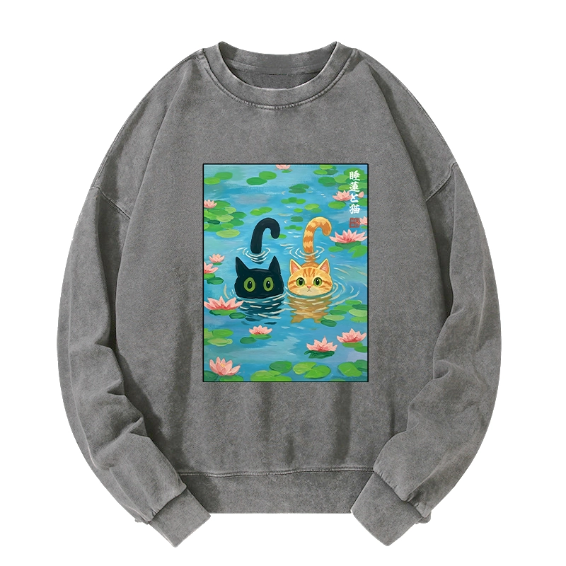 Tokyo-Tiger Cats In The Lotus Pond Washed Sweatshirt
