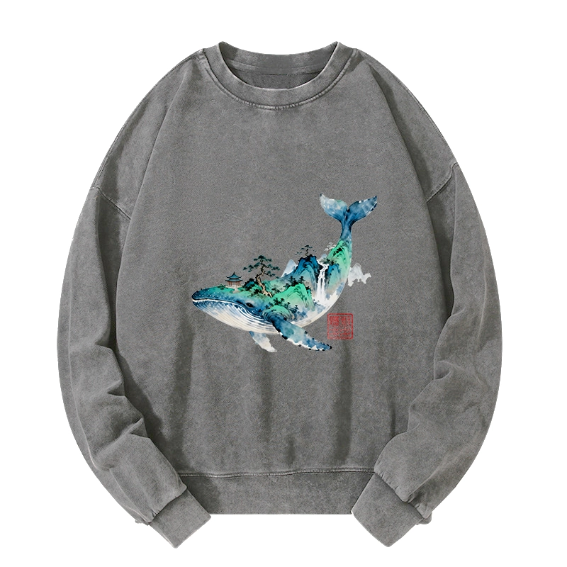 Tokyo-Tiger Whale Ink Painting Landscape Washed Sweatshirt