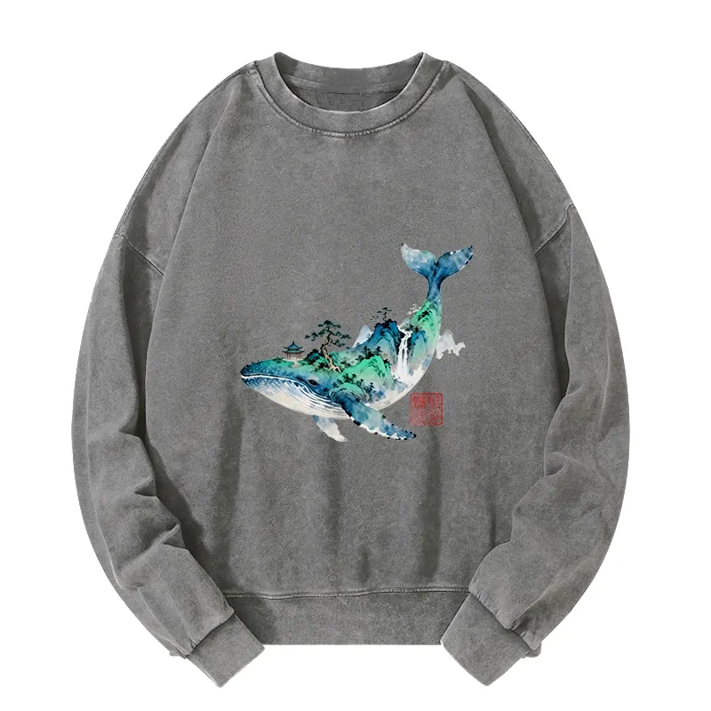 Tokyo-Tiger Whale Ink Painting Landscape Washed Sweatshirt
