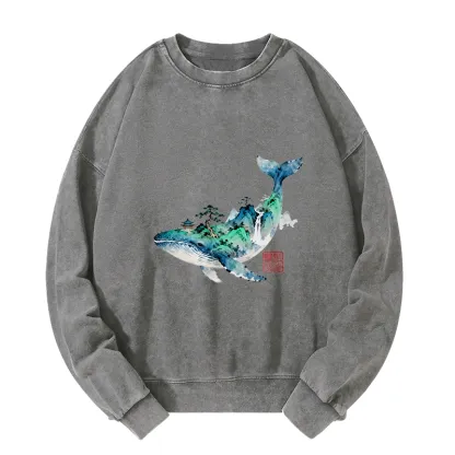 Tokyo-Tiger Whale Ink Painting Landscape Washed Sweatshirt